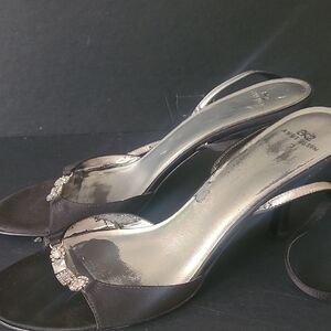 Anne Klein Black Satin Heels with Rhinestone Accent Size 9